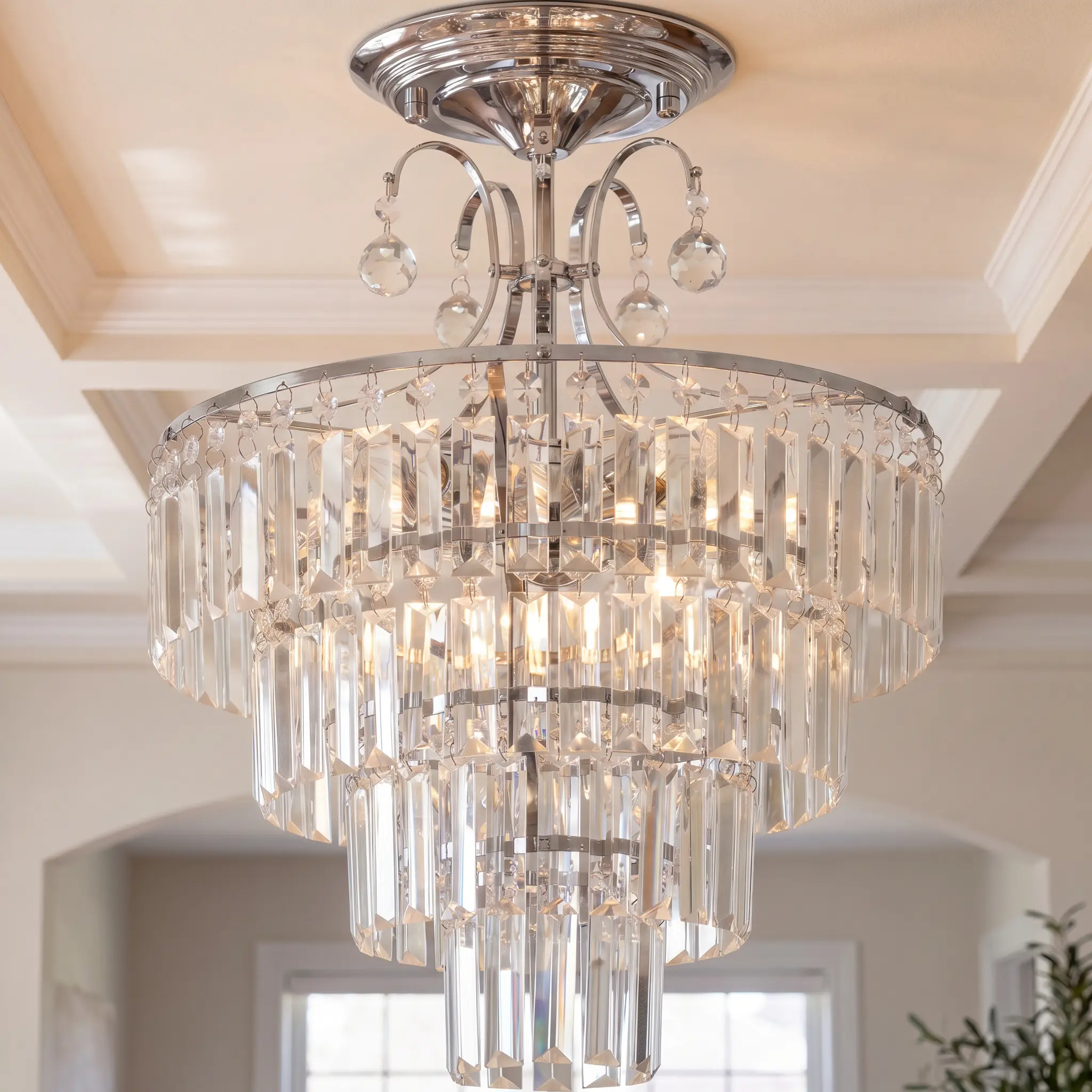 Modern Silver Crystal Chandelier, 15.3 Inch Dimmable K9 Crystal Semi-Flush Mount Light, E12 Base Fixture for Living Room Bedroom Kitchen Island Hallway Dining Room, Luxury Home Decor, Bulbs Not Included