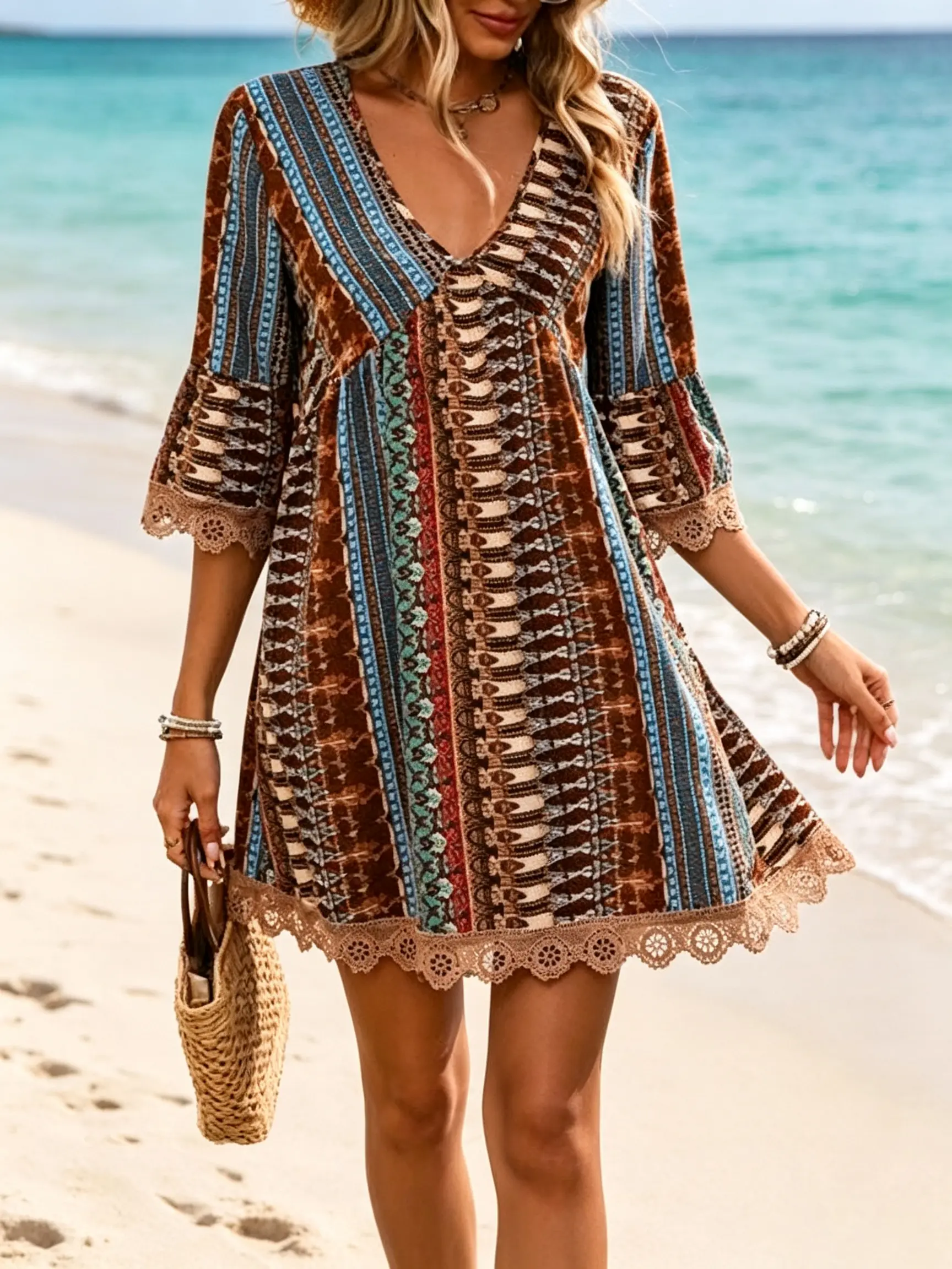 Women's Sports Dress - New European-American Style, Printed V-Neck, Lace Trim, 3-Quarter Sleeves
