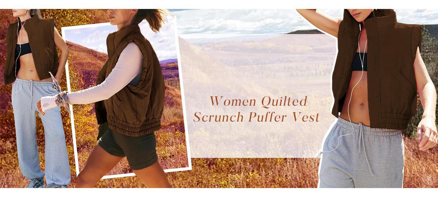 JovenPara Women Quilted Puffer Vest Button Down Scrunch Sleeveless Winter Basic Stand Collar Padded Gilet with Pockets Womenswear Comfortable Soft Tops coat outwear