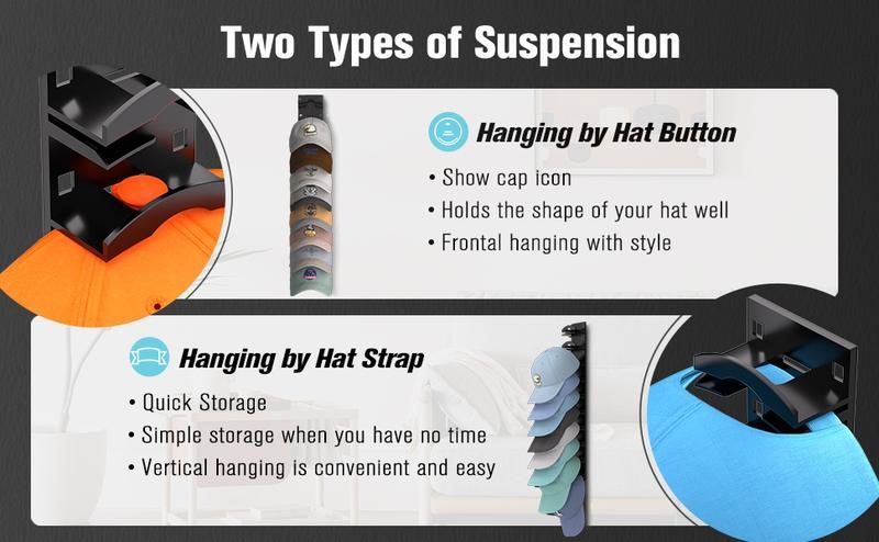 2-Pack Wall-Mounted Hat Organizer | Baseball Cap Rack (Black), Adhesive valentine's gift for bf，Mount, Stable Structure, Holds 20 Hats, Easy Access & Installation, Hanging Display for Closet, Door & Bedroom，
