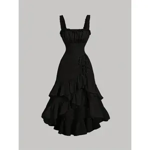 Women'S Vintage Ruffle Hem Dress - Peach, Sleeveless, Tiered Layer, Romantic Back to & Prom Outfit, Polyester Lining, Backless Design with Lace Detail, Dress |   Ruffle Hem Dress |   Lace Detailing, Vintage Dress Formal Solid Womenswear Workwear