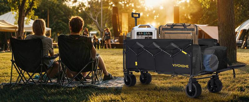 VIVOHOME 48''L Extended Collapsible Wagon Cart with 440lbs Weight Capacity, Heavy Duty 350L Folding Utility Garden Cart with Extended Tailgate and Big All-Terrain Beach Wheels