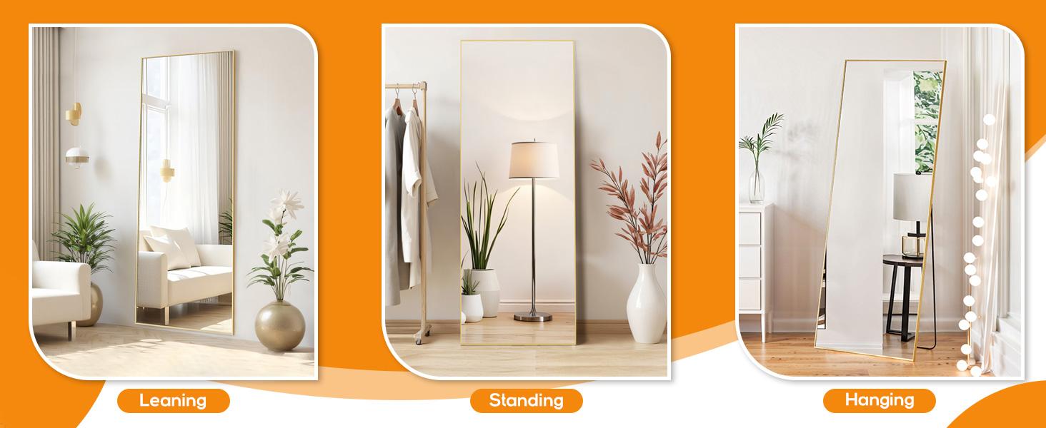 [Summer Deal] Full Length Mirror Body Mirror Floor Standing Mirror Hanging or Leaning Against Wall, Aluminum Alloy Thin Frame Decor
