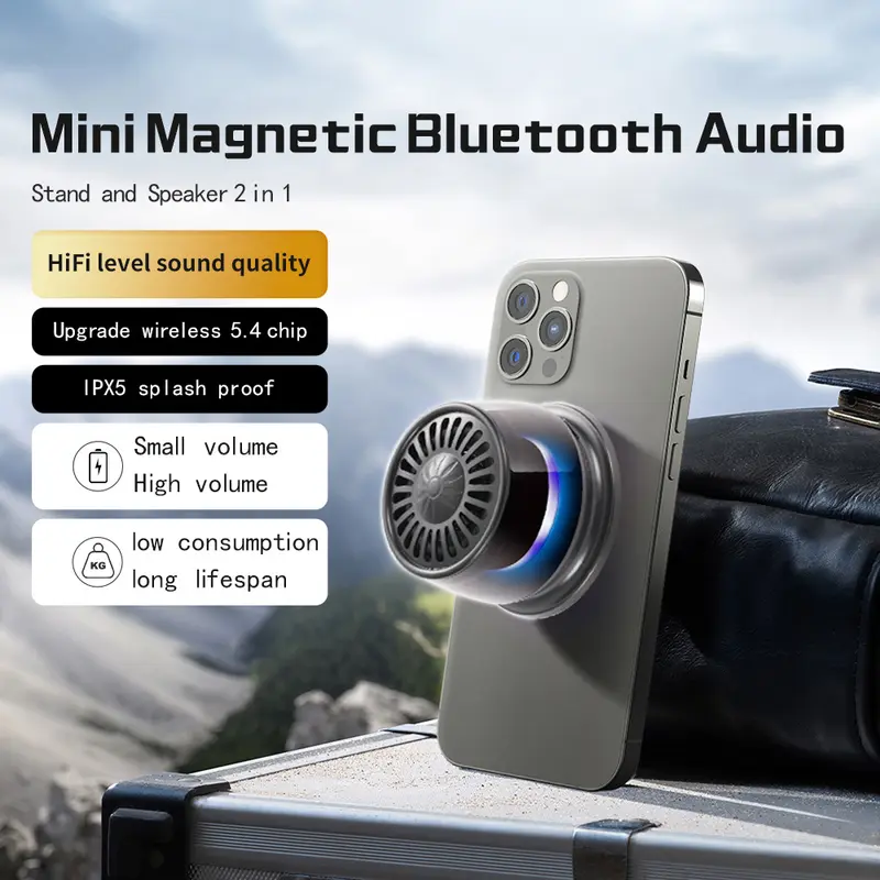 Magnetic Mini Speaker - 5W Mini Speaker, supports Bluetooth 5.4 wireless connection, RGB lighting effect, 7-hour playback time, suitable for portable phone stands for iPhones, travel, and golf carts, black