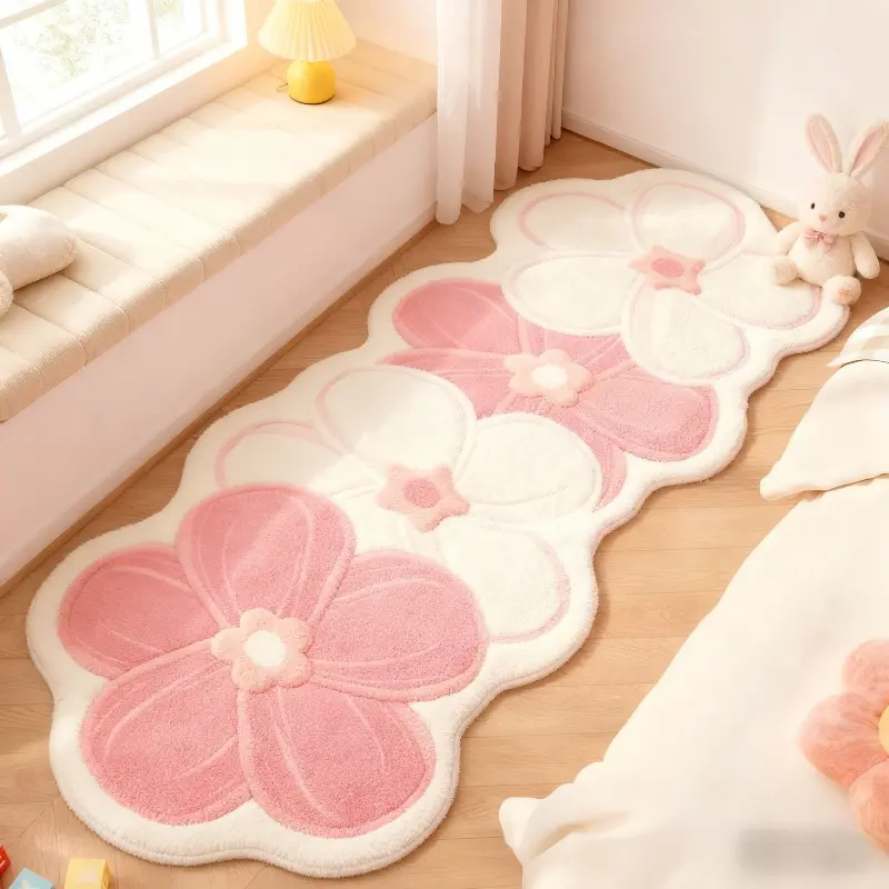1pc Pink Flower Shape Bedroom Decoration Bedside Rug Cream Style Living Room Bay Window Plush Carpet Fluffy Soft Ins Style Long Strip Carpet Fantasy Purple Gradient Deformed Non-slip Washable Mat Home Decor Rugs Decorative Rug Floral Area Rug