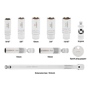 CASOMAN 10PCS 3/8"Drive Magnetic Spark Plug Socket Set, 6PT&12PT, Include Extension Bar, Universal Joint & Spark Plug Gapper, CR-V Steel
