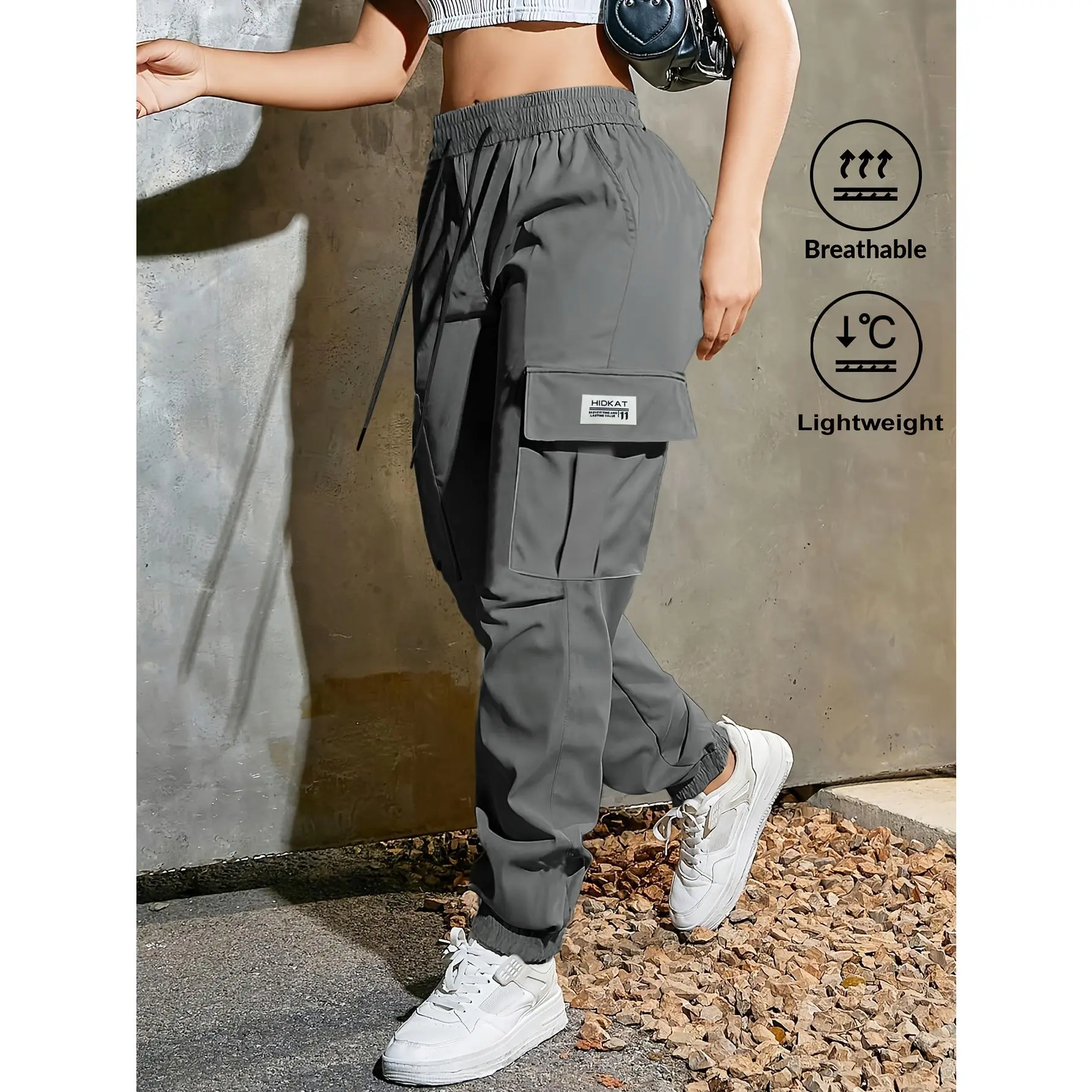 [Casual Cargo Pants] Women's Fashion Casual Trendy Solid Color Drawstring Waist Cargo Pants with Large Pockets, Suitable for Sports, Streetwear, and Casual Attire