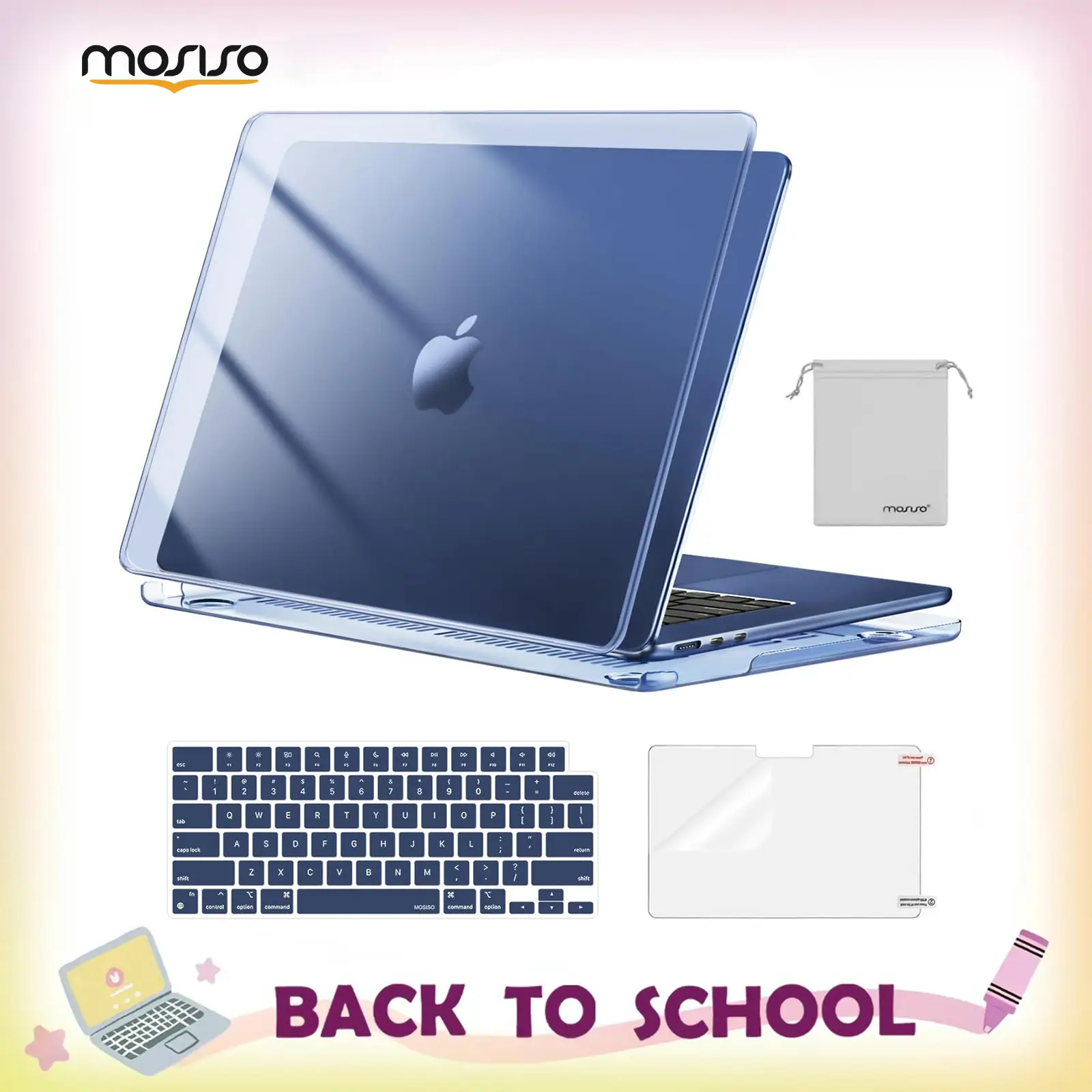 MOSISO Plastic Hard-Shell Case Bundle for MacBook Air 15in M5 2026 M4 2025 M3 M2 2024 2023 (A3448,A3241,A3114,A2941) - Water Resistant, Scratch Resistant, Solid, Body-Shielding - Includes Keyboard Cover, Screen Film, Storage Bag - for School, Office, Flex