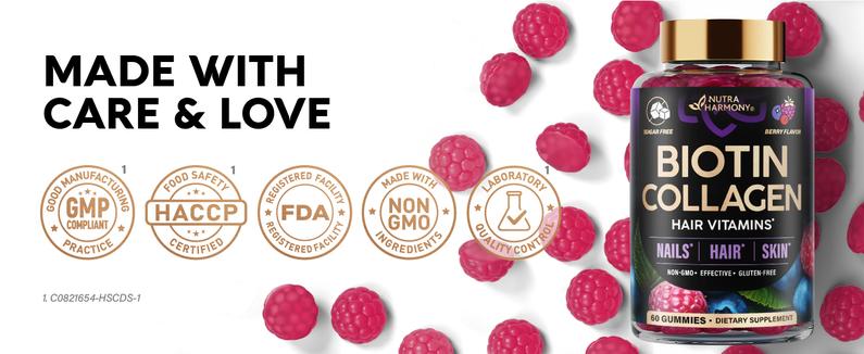 Biotin Gummies Sugar-Free with Collagen for Hair Growth Support Skin, & Nail Strength for Women & Men. Biotin 10000mcg, Keratin, Hyaluronic Acid, B-Complex, Saw Palmetto. 60 Gummies Antioxidant Rich Supplement