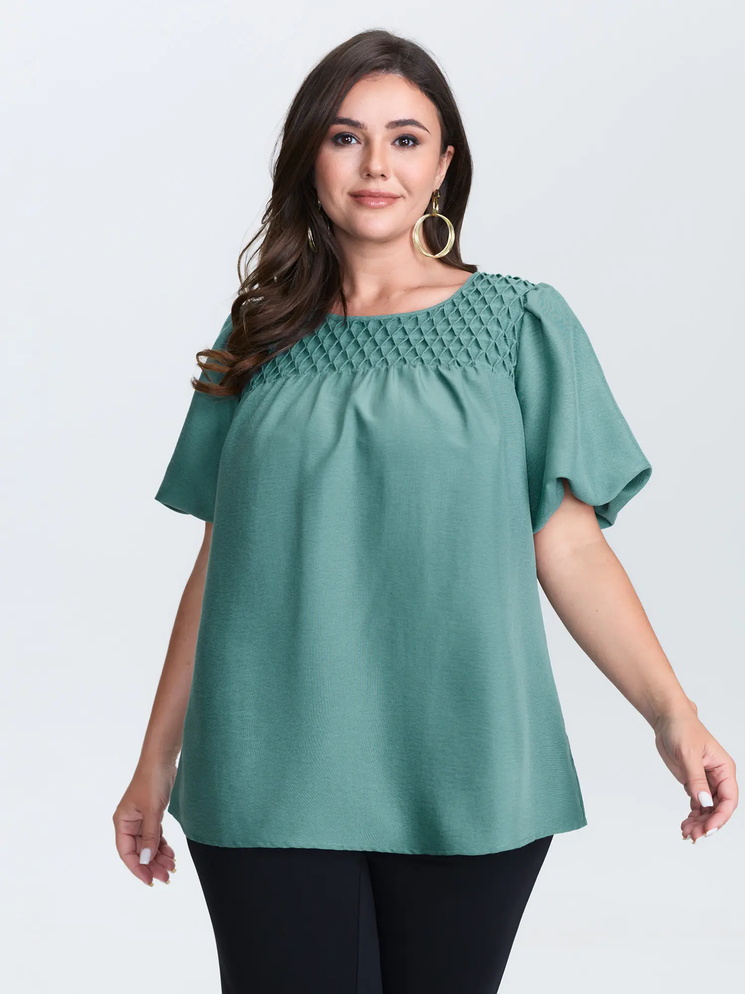 BLOOMCHIC Plus Size Women's Shirred Handmade Detail Bubble Shortleeve Blouse, Summer Essential Top, Flattering Fit Clothes, Size M-6X, 2026 Summerfinds