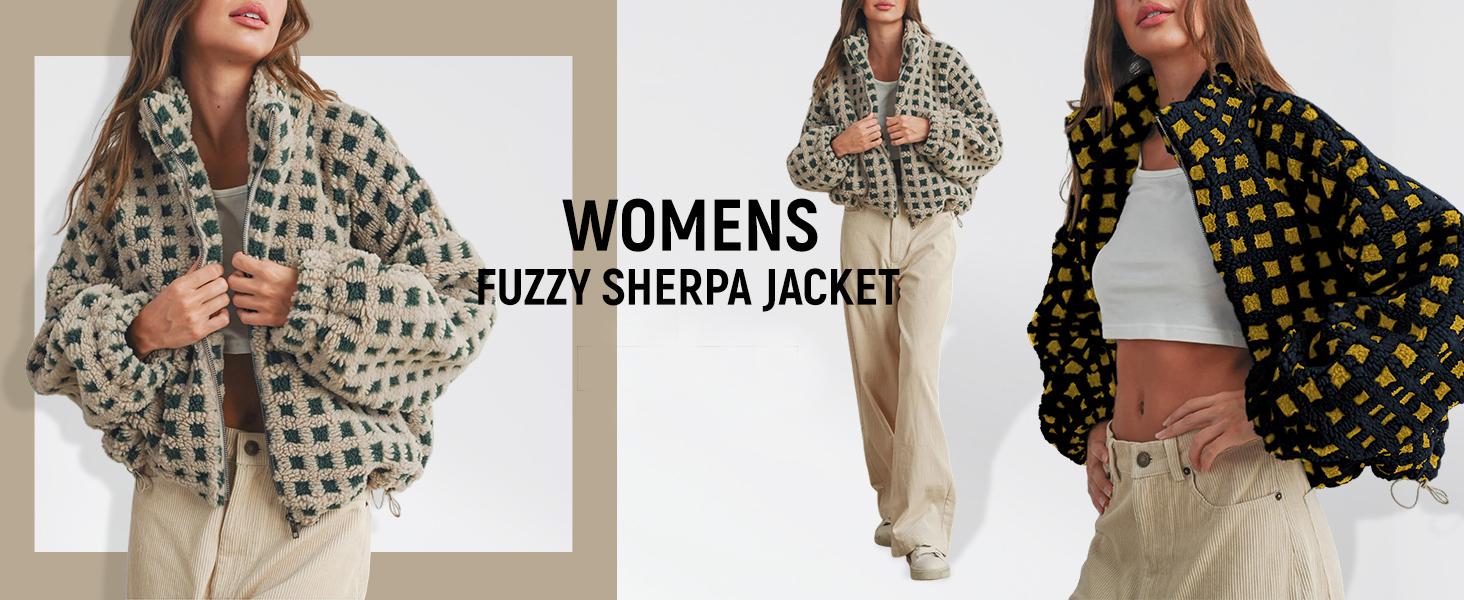 Product detail overview of Women's Relaxed Plaid Drawstring Long-Sleeve Fleece Jacket