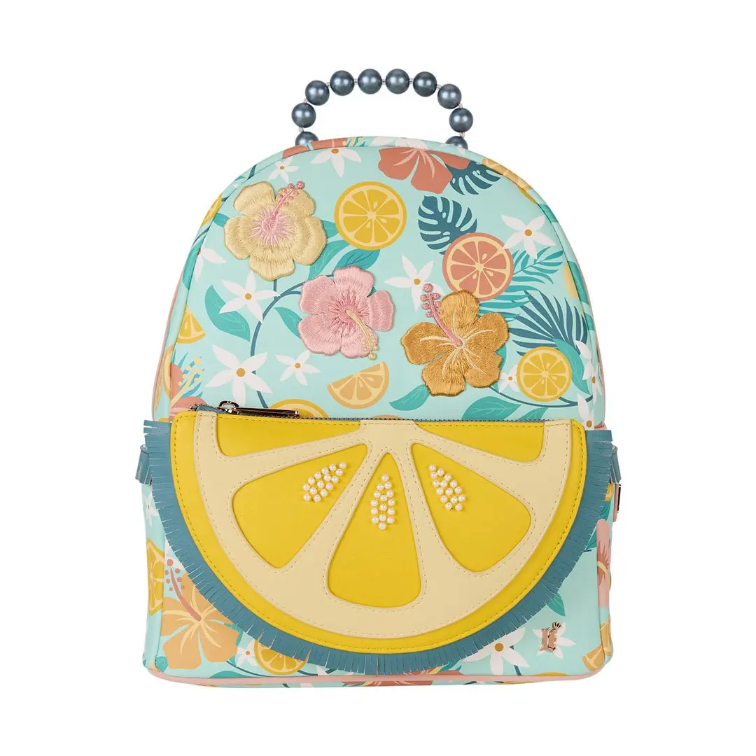 Loungefly Tropical Floral Faux Leather Mini Embroidered Backpack - 3D Embroidered Flowers, Beaded Lemon Pocket, Fringe Trim, Fringe Backpack