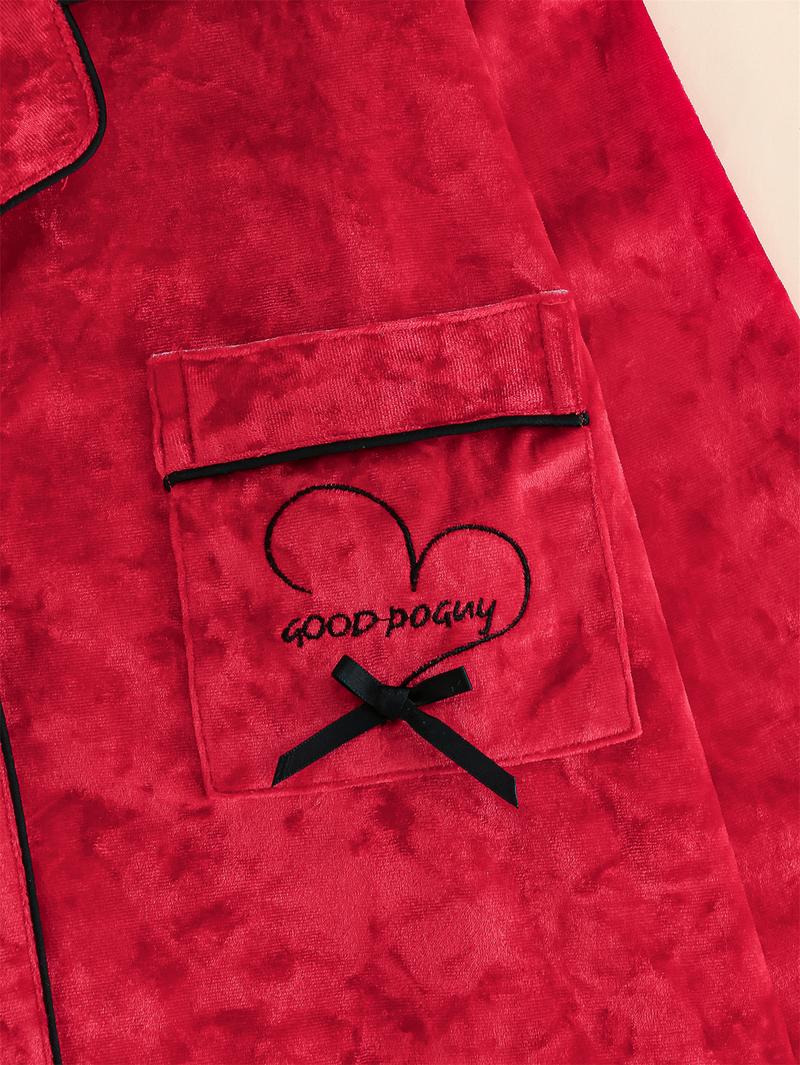 PAJAMAS Long Sleeve Red Velvet Pajama Set with Button Front and Pocket for Cozy Nightwear PAJAMAS Long Sleeve Red Velvet Pajama Set with Button Front and Pocket for Cozy Nightwear