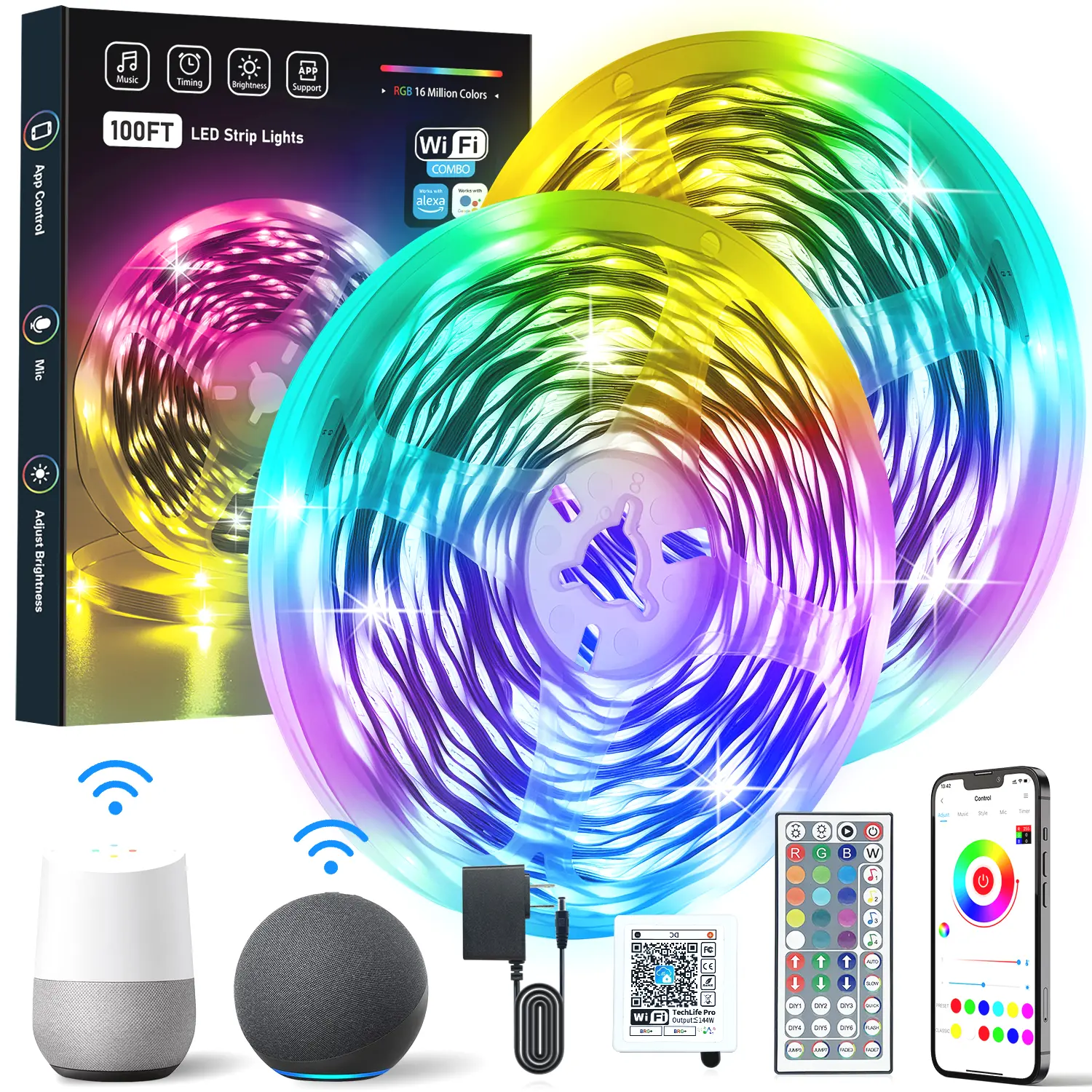 KEXU WiFi Led Strip Lights Smart Led Light Strip Work with Alexa & Google Assistant RGB Music Sync Color Changing Led Light for Bedroom Decors, Remote Led Light, Rgb Colorful Led Rgb Ambient Lighting