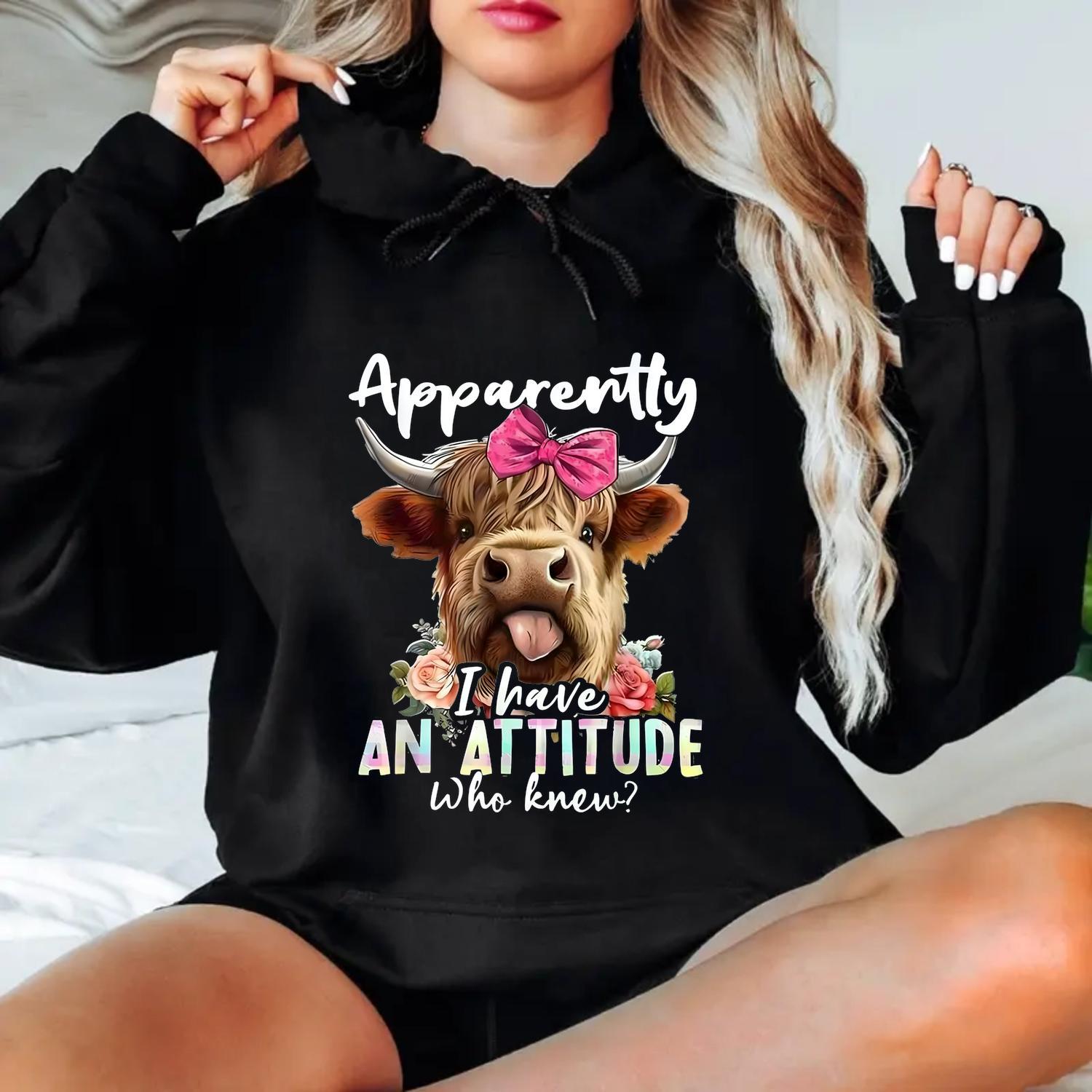 180g[100%cotton]Apparently I Have an Attitude Cow Graphic Hoodie / Crewneck / T-Shirt – Fun Highland Cow Top for Women, Cute & Trendy Oversized Fall Winter Streetwear cute highland cow design highiand cow hoodie