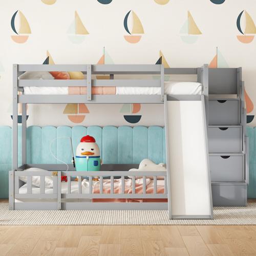 [Bellemave]Twin Over Full Bunk Bed with Slide, Storage Staircase, Pine Solid Wooden Bunk Bed with Safety Guardrails