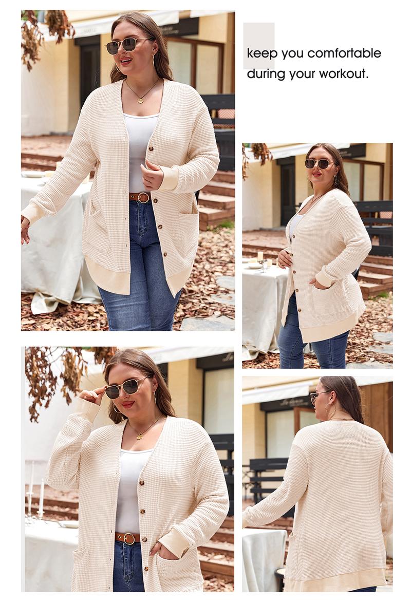 Aleumdr Women's Plus Size Cardigans Casual Long Sleeve Waffle Knit Front Button Tops 1X-5X Soft Breathable Stretchy Skin-Friendly Comfortable Everyday Wear  Knitwear Womenswear Shirts Blouses Basic