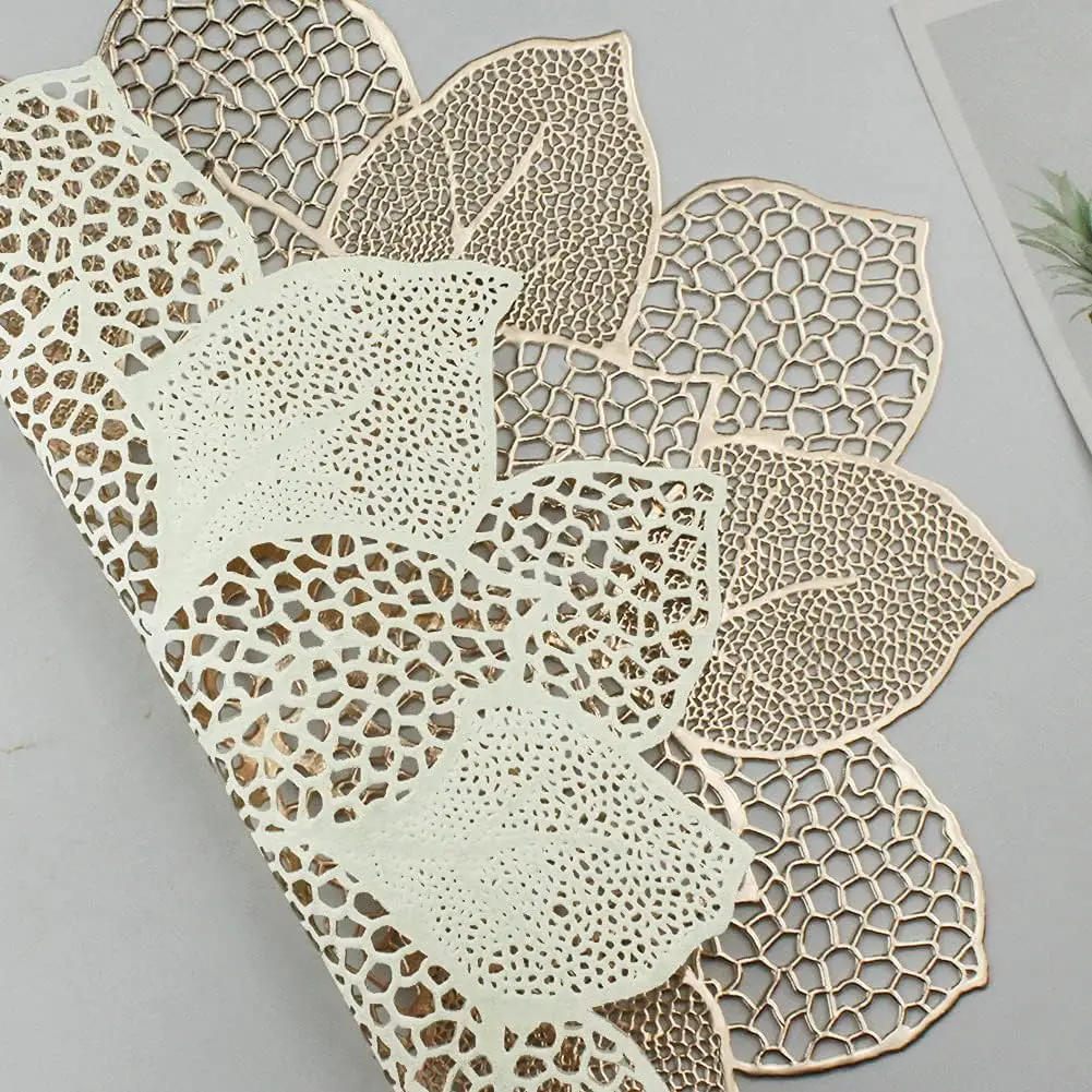 6-Piece Stylish Reusable Gold Round Tableware Placemats Set, 18in Hollow-Out Hibiscus Flower Table Mats for Dining Table Decor, Holiday Wedding Accent
