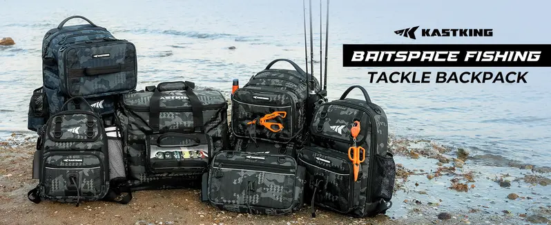 KastKing BaitSpace fishing bag collection beside the water