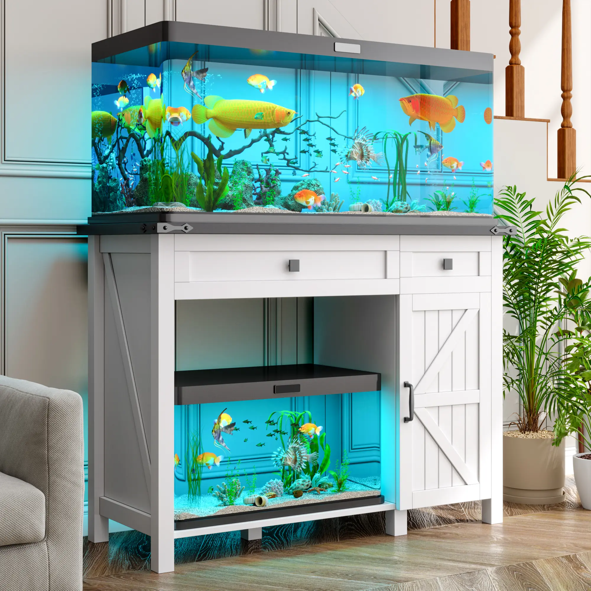 Kepptory Single Unit Rectangular 30-40 Gal Farmhouse Decorative Aquarium Stand with Power Supply, Adjustable Storage Shelves, Hidden Doors, Storage Drawer (Fits Fish, Reptile Tanks)