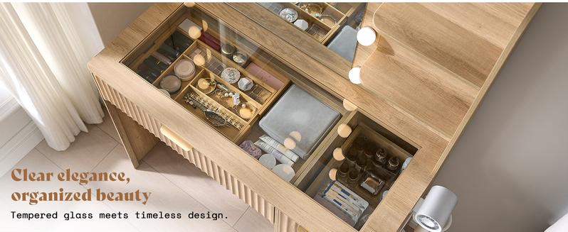 AMERLIFE 36.2/47.2" Fluted Vanity Desk with Mirror and Adjustable LED Lights, Large 4/7 Drawers Makeup Table with Glass Top and Charging Station for Women and Girls, Bedroom or Dorm/Best Gift Ideas/Christmas Gifts