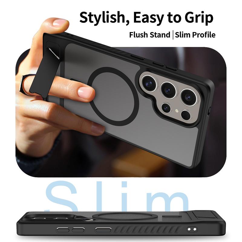 Durable Samsung Galaxy Sandblasted Back Panel Silicone Frame Shockproof Corners and Built-in Stand Phone Cases for Samsung Galaxy S25 S24 S23 Plus Ultra MagSafe Accessories