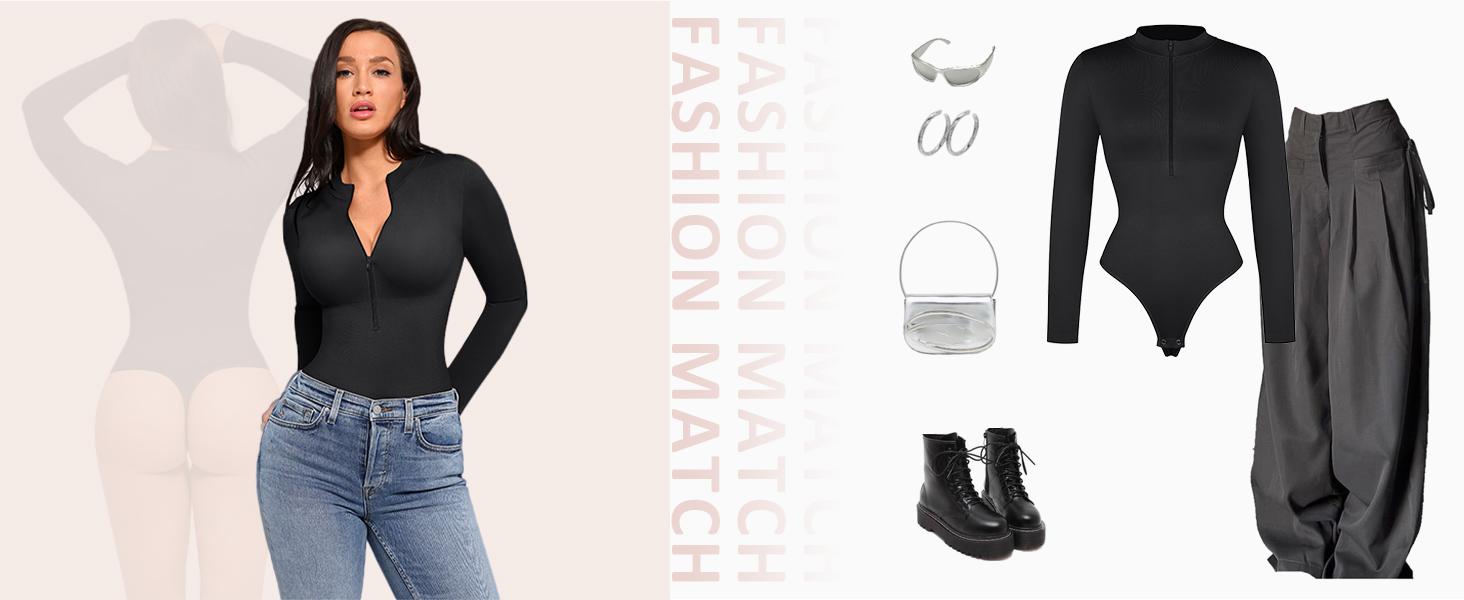 FeelinGirl Long Sleeve Bodysuit for Women Mock Turtle Neck Zip Up Design  Tummy Control Bodysuit Shirts fall   Breathable Fabric  PR#2