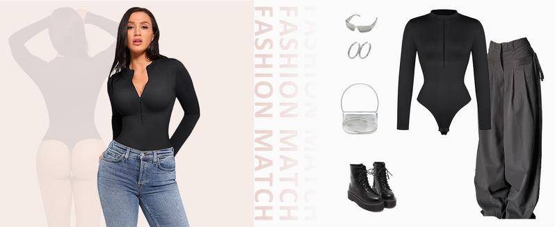 FeelinGirl Long Sleeve Bodysuit for Women Mock Turtle Neck Zip Up Design  Tummy Control Bodysuit Shirts fall   Breathable Fabric  PR#2