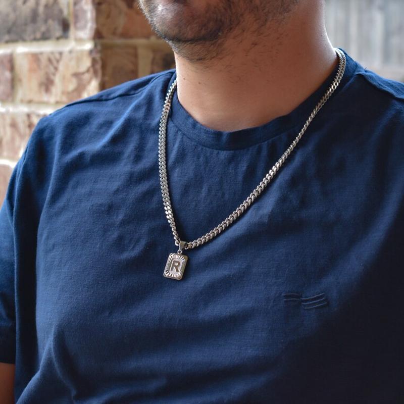 Jewelfairy Silver Color Square Initial Letter A-Z Pendant Necklace for Men Women 3/5mm Stainless Steel Cuban Chain Name Pendant Necklace