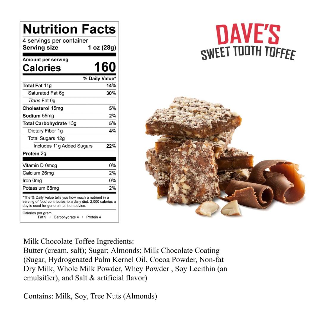 Dave's Sweet Tooth Small Batch Toffee 1/4lb Pouch - Soft & Crunchy Chocolate Almond Toffee