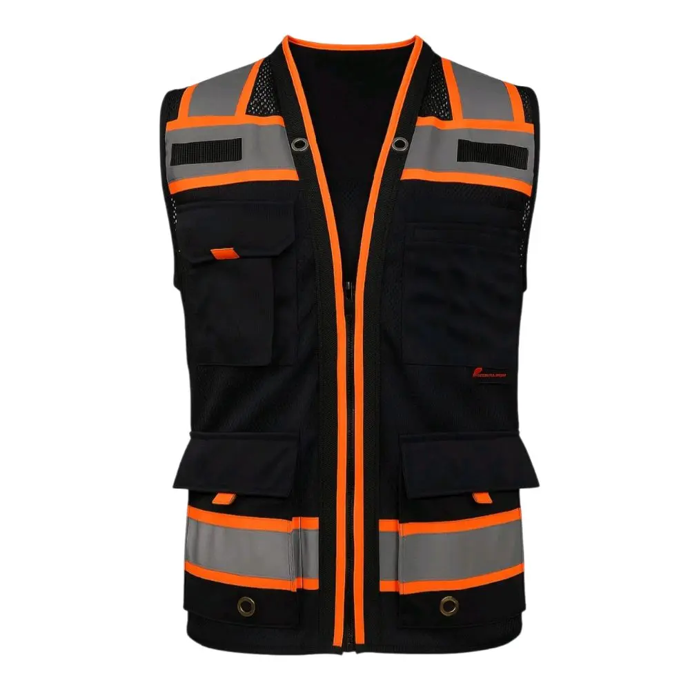 Unisex High Visibility Safety Vest - Black/Orange Construction Gear with Reflectors, Multi-Pockets, Rear Pocket, Storage for Home Improvement Workwear, High Visibility Vest