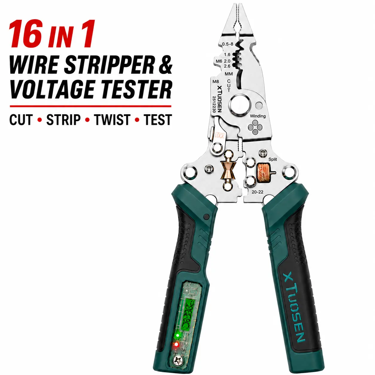 16-in-1 Professional Multi-Function Pliers with Flathead Screwdriver, Phillips Screwdriver, Wire Stripper, Crimper, Hex Key Wrench, Bolt Cutter, Voltage Tester, Cable Cutter, Wire Spooler, Puncture Knife, Hex Socket, Insulated Grip