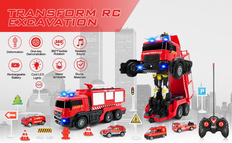 Remote Control Fire Truck with LED Sounds, RC Car Toy with 3pcs Small Firetrucks and 10pcs Roadblock Models, One Button Press Spraying Water Transformer Fire Truck for Kids Toddlers Boys