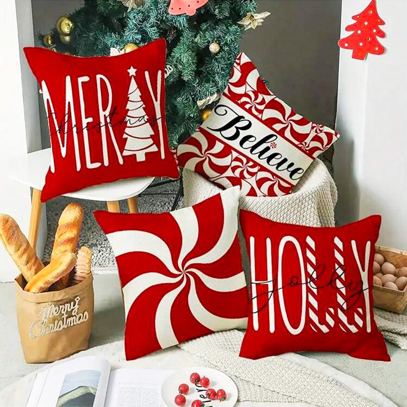 【FaddishDeal】4Pcs-Christmas Decorative Pillow Set, Red Candy Cane Porch Pillow Cover, Single-Sided Linen Print, Winter Holiday Gift, Cushion Cover Home Decor.excellent gifts for Christmas and new year，Must-buy on Black Friday