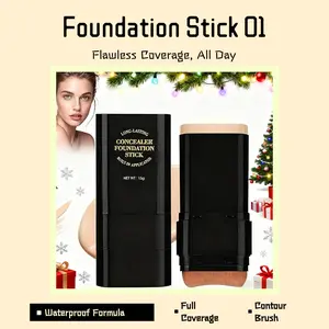 Waterproof Long-Lasting Foundation Stick 01 Ivory Full Coverage Smudge-Proof Lightweight Hydrating Matte Makeup Concealer with Contour Brush