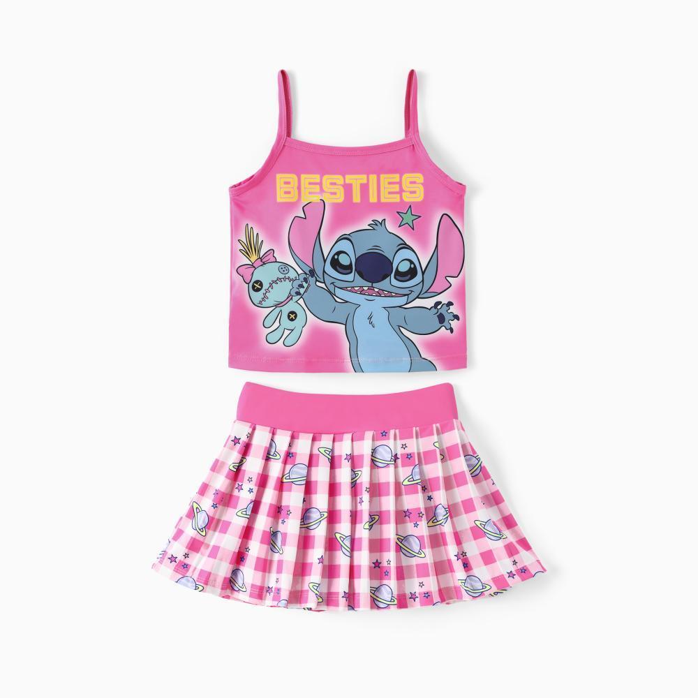 Disney Stitch & Scrump Girls 2-Piece Outfit - Pink Tank Top & Checkered Pleated Skirt Set Character Apparel for Toddlers & Little Girls, Summer Casual Set
