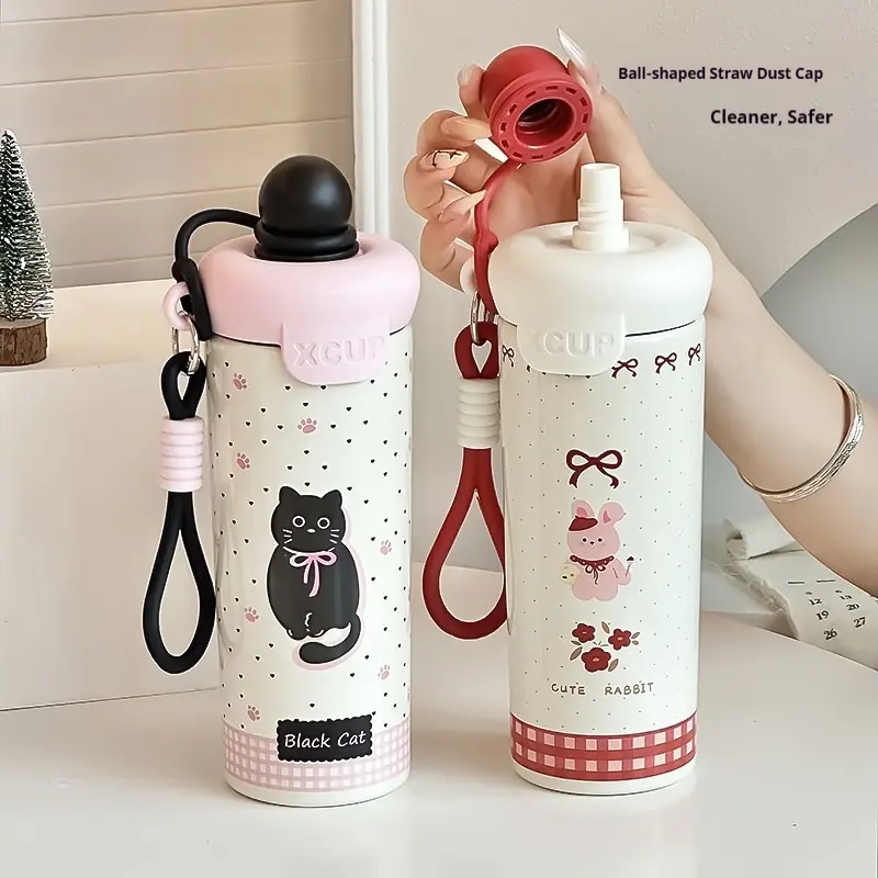 Cute Cartoon Animal Float Ball Cup, 316 Stainless Steel Water Bottle, Insulated Water Bottles, Floating Insulated Cup, Student Strap Portable Straw Large Capacity Drinkware, Insulated Flask, Tumbler