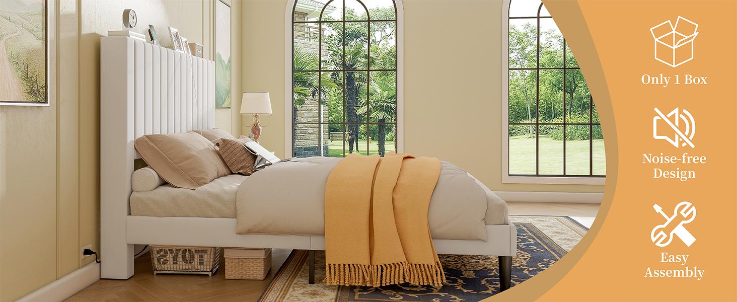 AMERLIFE Bed Frame Velvet Upholstered Tufted Headboard with Charging Station, Mattress Foundation, Box Spring Optional