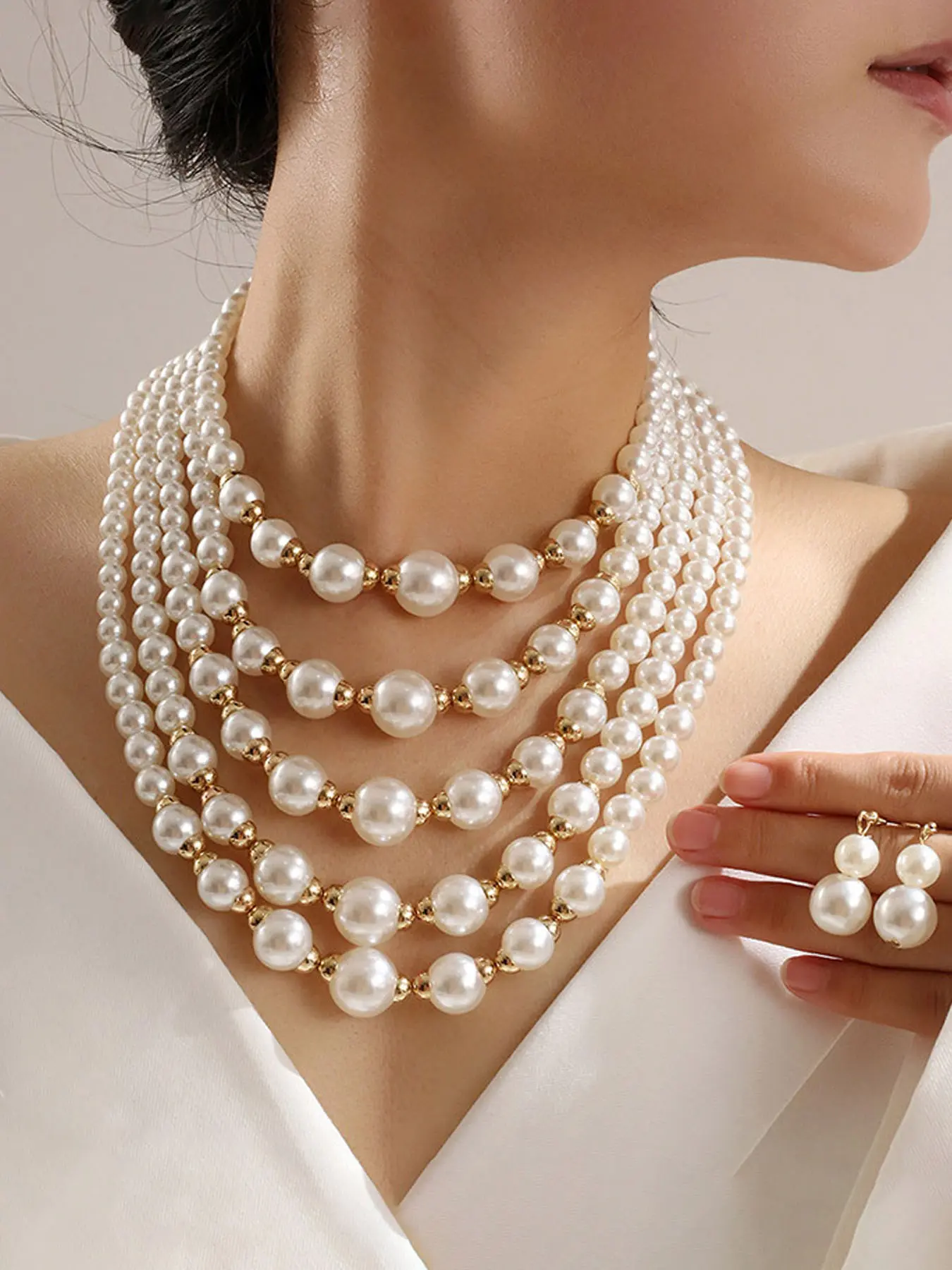 Elegant Women's Faux Pearl Matching Jewelry Set, Multi-Layer Necklace & Dangle Earrings, Vintage Style Party Accessories, Fashionable Ladies' Gift, Jewellery Gift Set