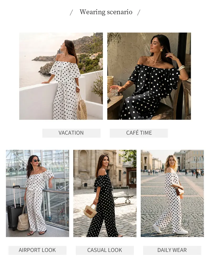 Chicovar Women's Polka Dot Off Shoulder 2 Piece Set, Puff Sleeves Cropped Top, High Waist Wide Leg Pants with Pockets, Lined, Slimming, Casual, Date, Beach Vacation Outfit Sets, Lounge Sets, Summervibes,sohochic