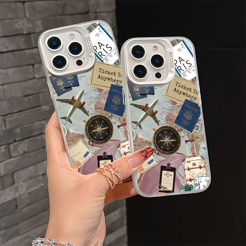 Glossy Vintage Travel Theme Smartphone Case - Waterproof, Detachable Metal Frame, Hard PC Back, Protection - Fits Multiple iPhones 11-17 Plus Pro Max Mobile Accessories