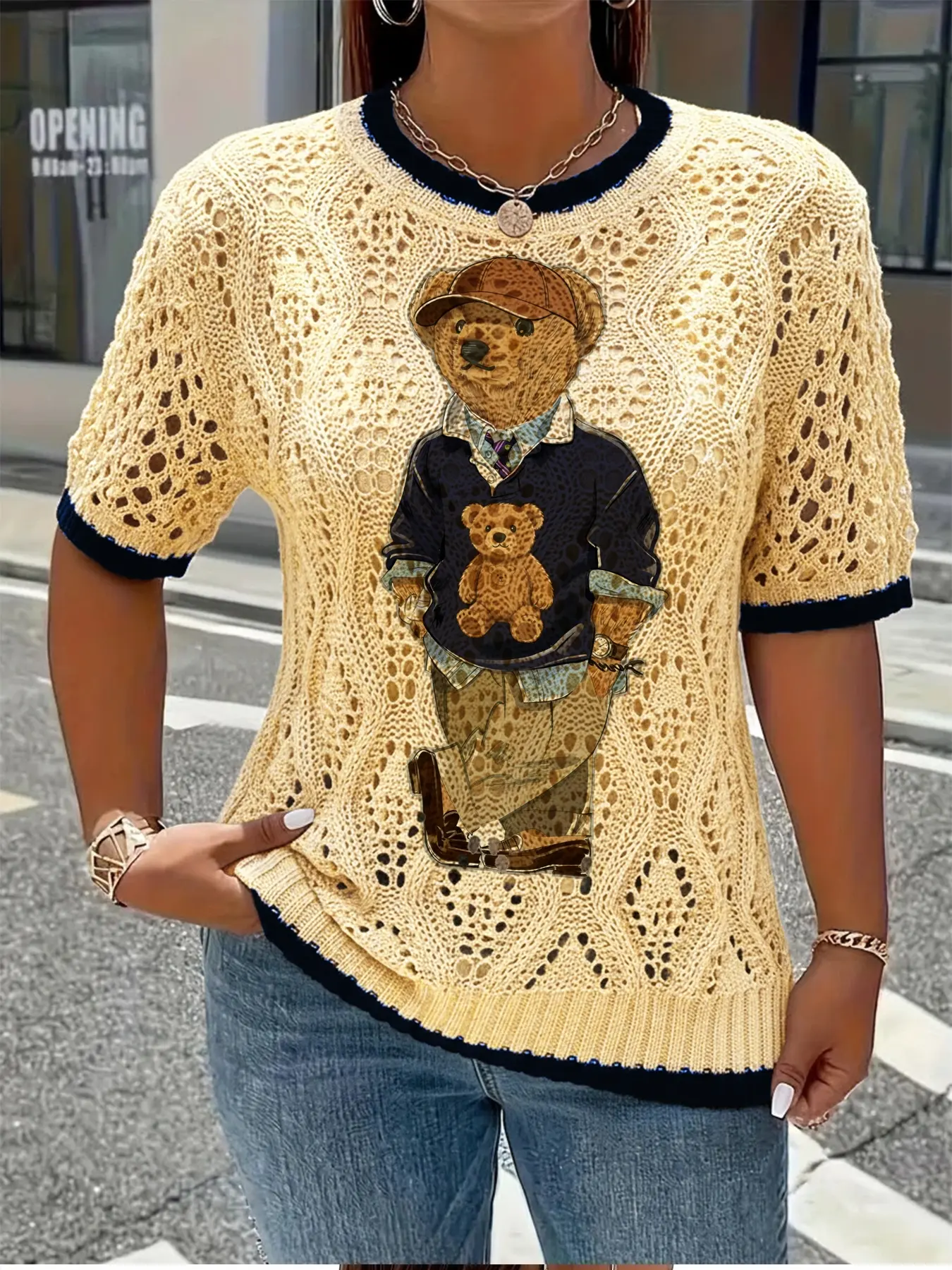 Spring Summer Women's Cute Teddy Bear Animal Print Round Neck Short Sleeve Knit Sweater Knitwear, Casual Comfortable Breathable, All Seasons Wear, Knitting, Aesthetic Casual Pullover