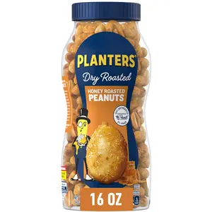 PLANTERS Honey Roasted Peanuts, Dry Roasted Peanuts, Party Snack, Plant-Based Protein, After School Snack, Sweet and Salty, Salted Nuts, Sea Salt & Honey, Snacks for Adults, Kosher, 16oz Ja