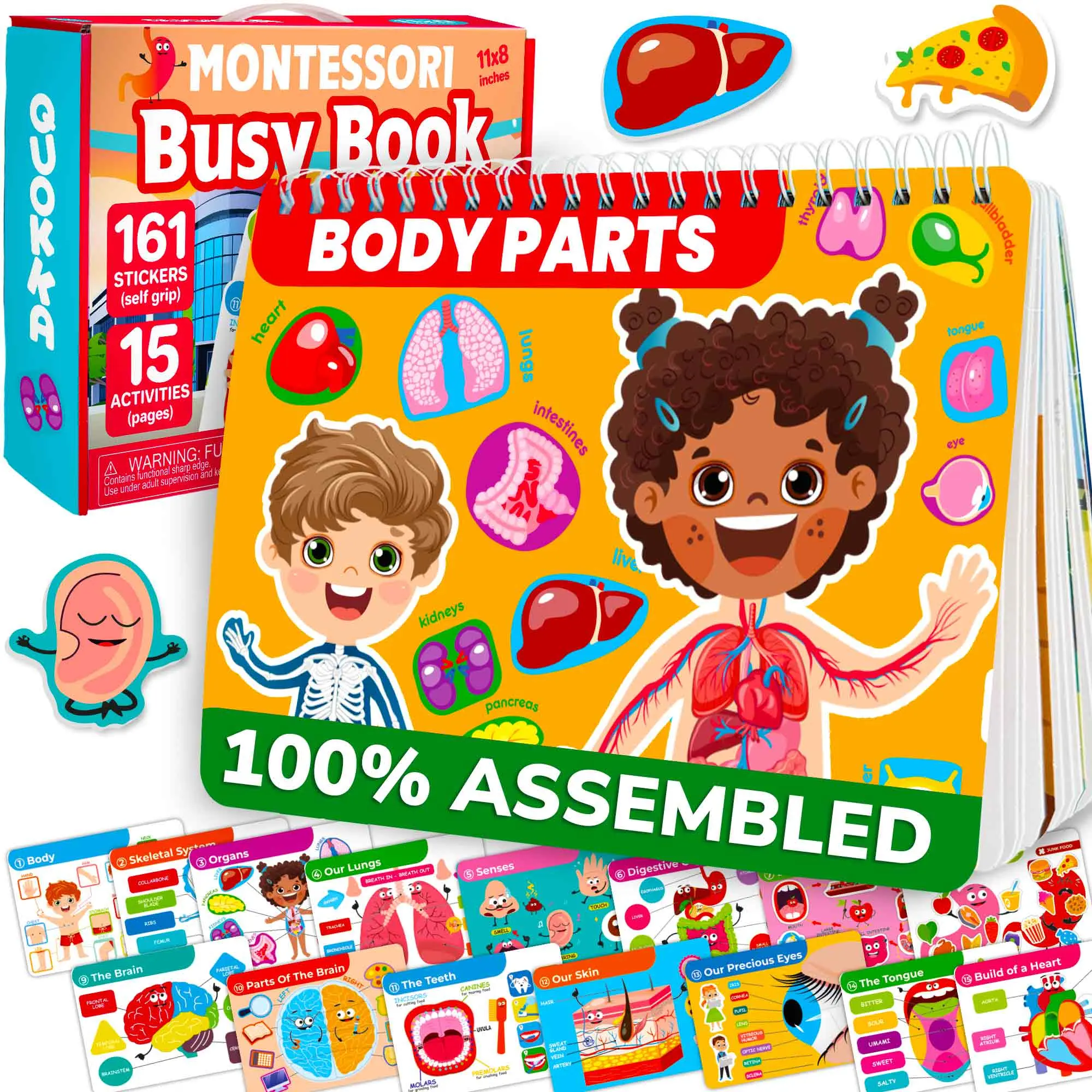 QUOKKA Body Parts Preschool Learning Tool - Interactive Toy Book Flash Cards, Activity Board Flash Cards, 15 Pages, 161-Sticker Set, Toddler Learning Activities for Ages 4-8, Attention Support, Early Science Knowledge Builder