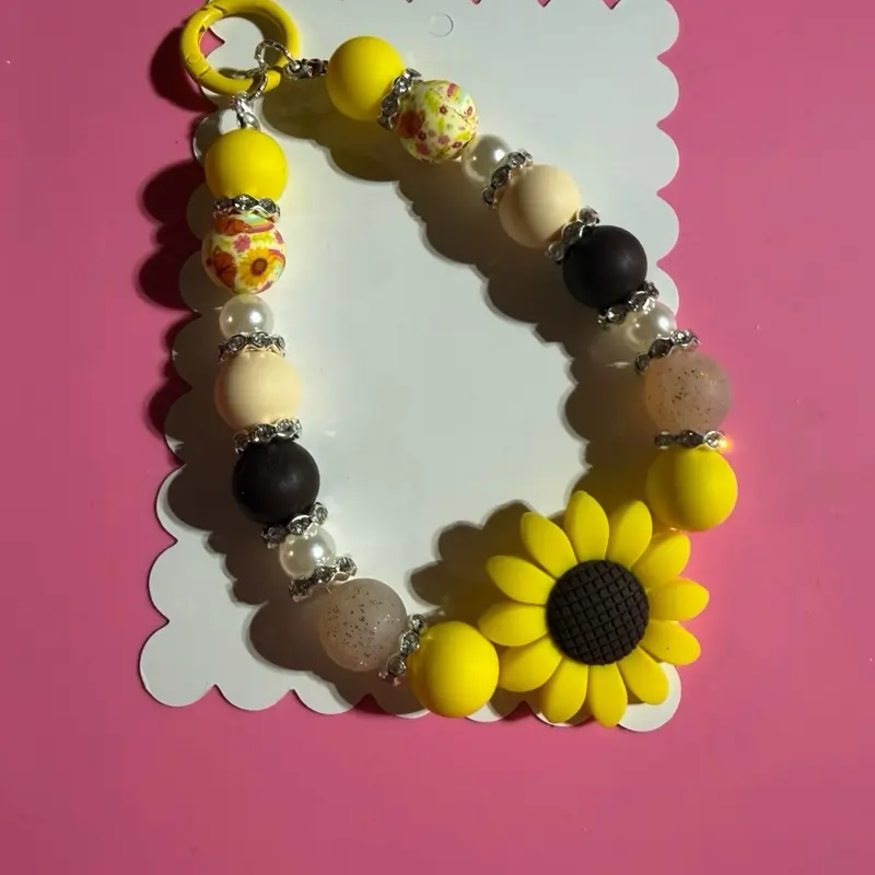 Beaded Phone Charms for Purse Bookbag and Rear View Mirrors with Yellow Sunflower Design and Multicolor Beads