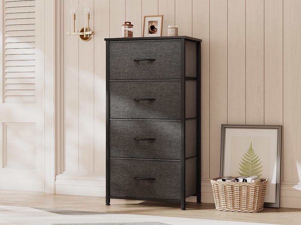 Yitahome Storage Tower with 4 Drawers - Fabric Dresser, Organizer Unit for Bedroom, Living Room, Closets & Nursery - Sturdy Steel Frame, Easy Pull Fabric Bins & Wooden Top (Black/Grey)