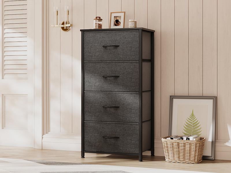 Yitahome Storage Tower with 4 Drawers - Fabric Dresser, Organizer Unit for Bedroom, Living Room, Closets & Nursery - Sturdy Steel Frame, Easy Pull Fabric Bins & Wooden Top (Black/Grey)