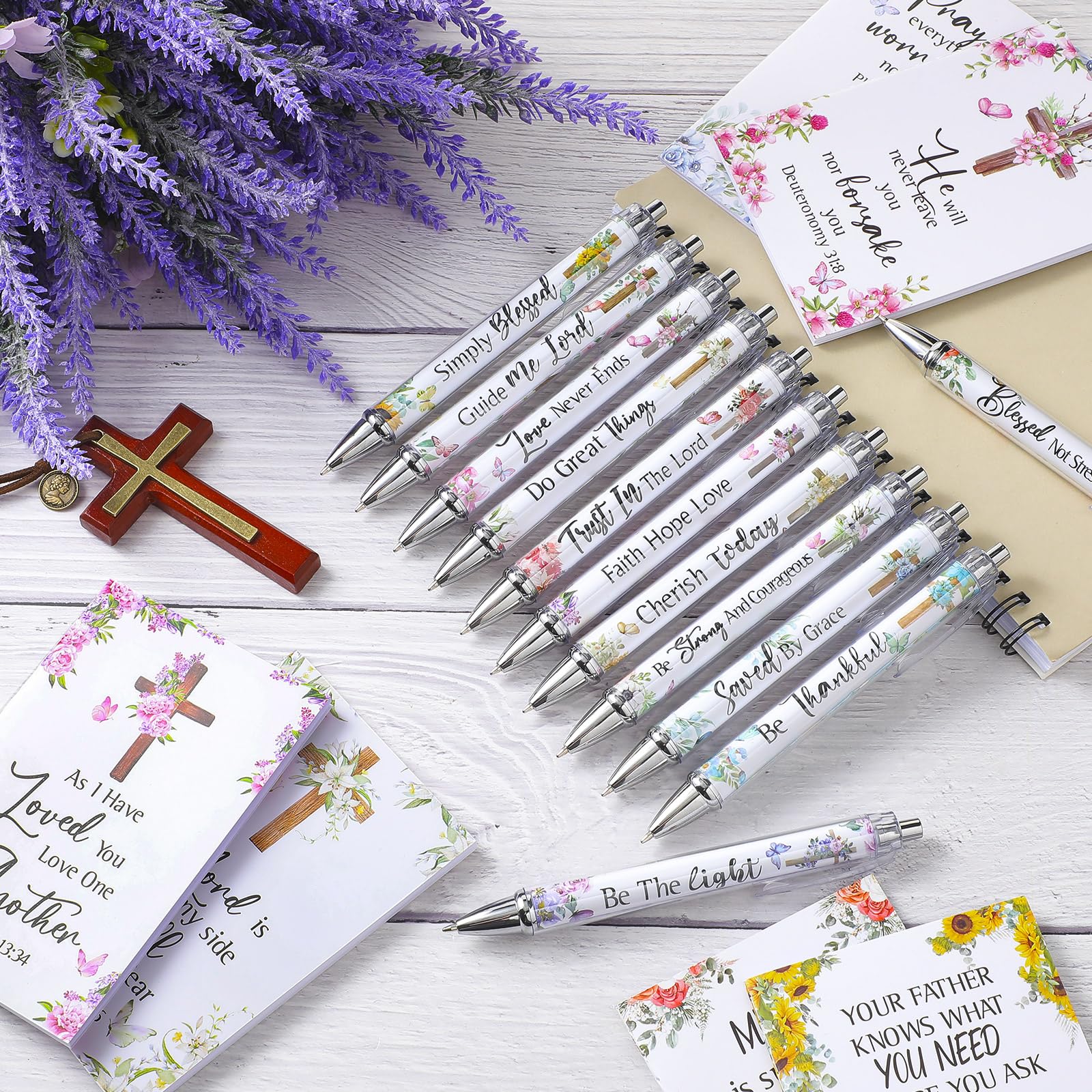 Christian Gifts with 12 Christian Pens and 12 Pocket Notebooks Bible Study Supplies with Motivational Quote Inspirational Pens Religious Gift for Church Women Teacher for Sunday Preyer Study Group, Easter Faith Gift for Christian Women Girls