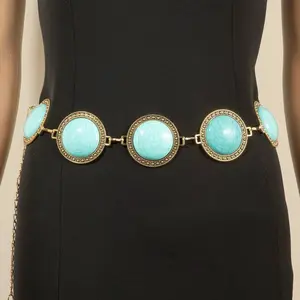 Large Western Concho Round Turquoise Stone Chain Belt - $25.99
