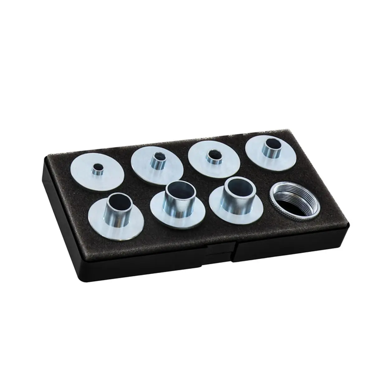212 MAIN 9-Piece Silver Carbon Steel Router Bushing Set - 7 Bushings, Nuts, Top Hat Adaptor, 0.84 lbs, 1/2 in., Sign Making, Dovetailing, Compatible with All Router Sub-Bases, Milescraft Turnlock Products Compatible